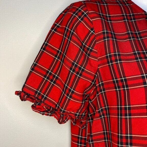 MADEWELL Red and Black Plaid Ruffle Hem Puff Sleeve Button Down Blouse Size S - Picture 4 of 7